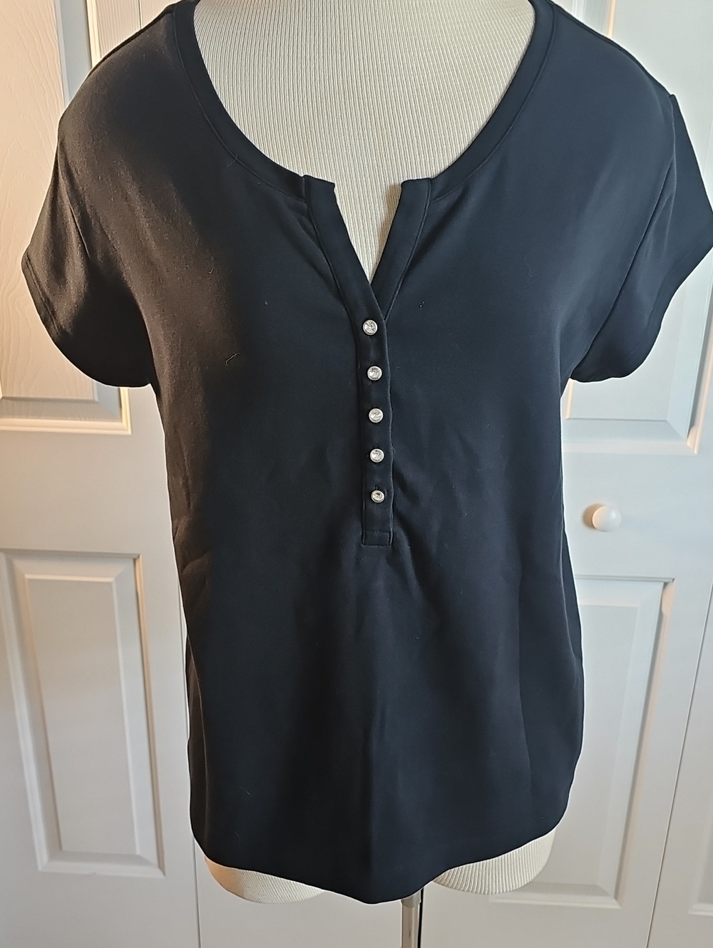 Chico's Rhinestone Henley Top Womens Size 3 XL Black Cotton Stretch Short Sleeve